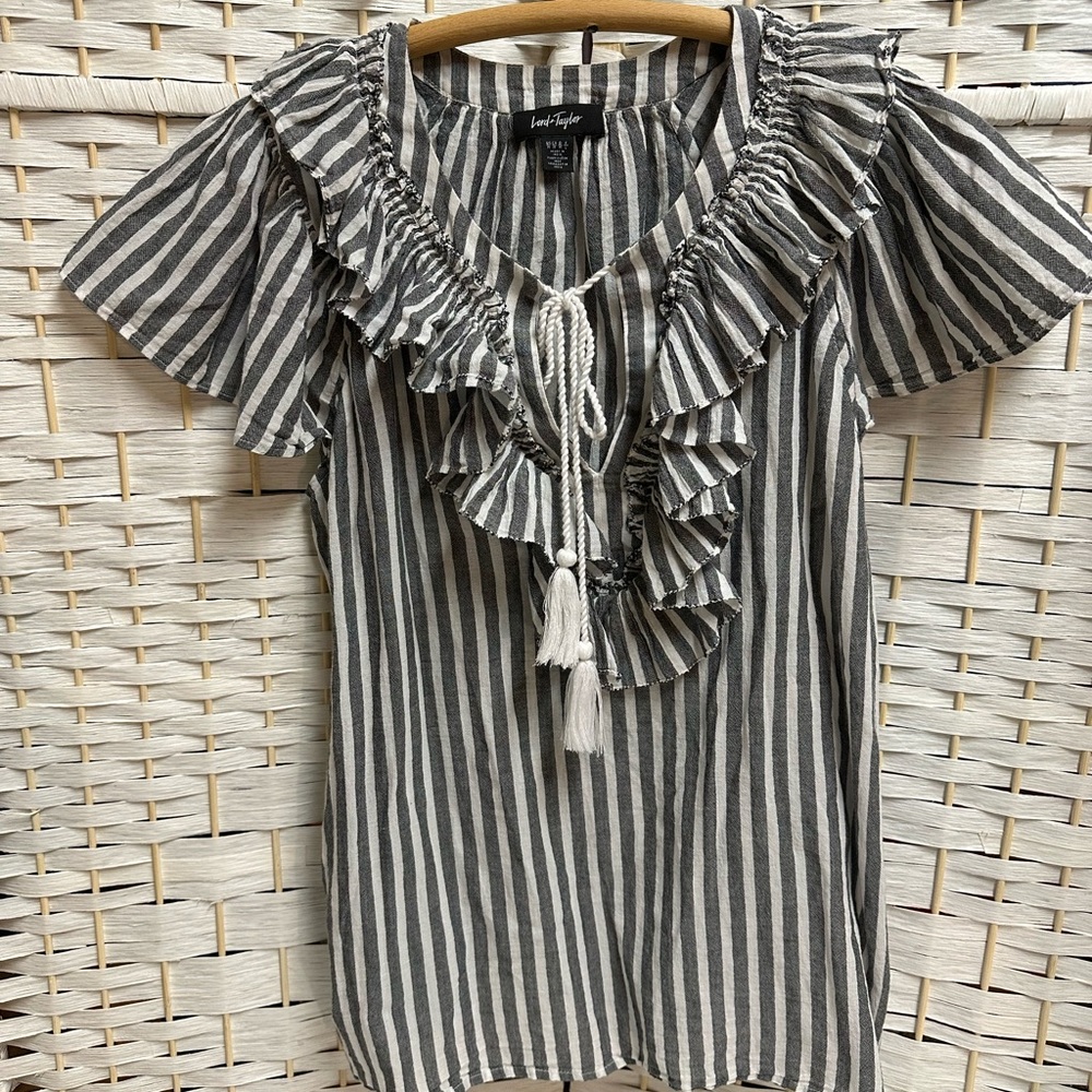 Lord & Taylor Black and White Flutter Sleeve Ruffled Blouse